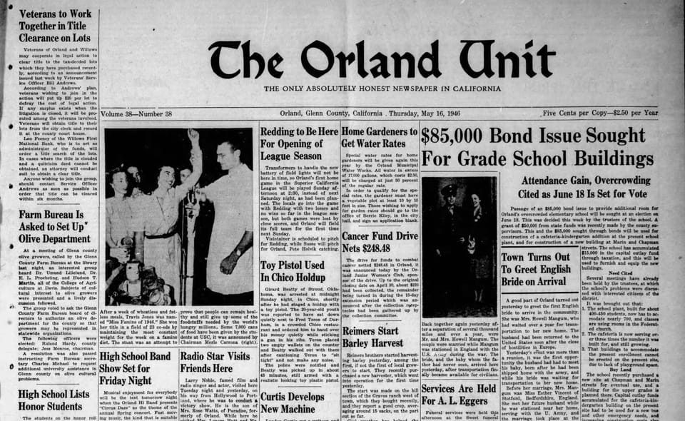 This Week in Orland History, May 1946: War bride arrives, schools brace for growth, pruning goes mechanical