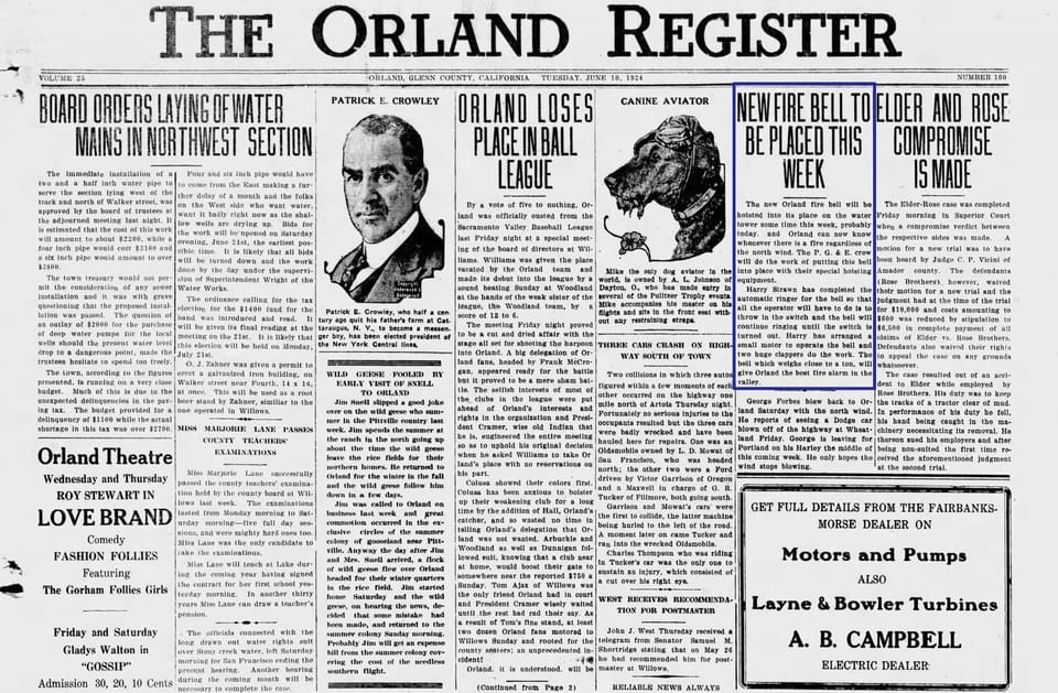 The Bell That Wouldn't Sell: What Actually Happened to Orland's 'Revolutionary' 1924 Fire Signal