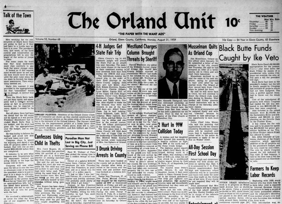 This Week in Orland History, 1959: President vetoes Black Butte funding; Sheriff challenges editor to fight